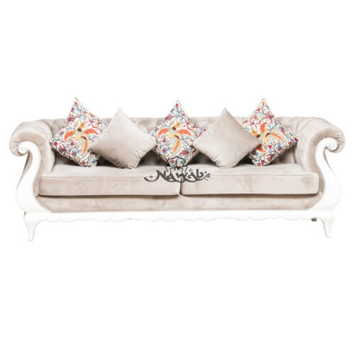 3 Seater Teak wood frame hand carved velvet upholstery white and silver high gloss polish even at borders ethnic embroidery cushions