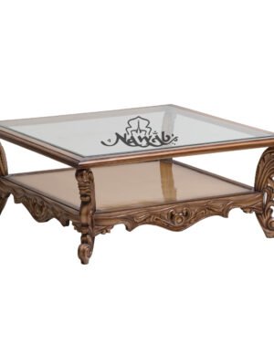 Champagne golden pu polish velvet and jacquart upholstery centre table with glass top handcarved customised carving