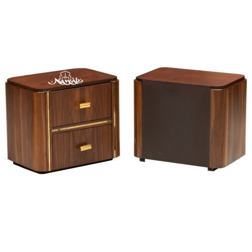 Rosewood grained veneer brass strips brass handles suede upholstery laminated inside hydraulic bed  Chanel pull out drawers