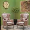 solid teak wood, handcarved champagne polish suede upholstery