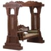 swing with roof top solid teak wood carved 4 rounded pillars with solden wooden log brass chain melamine matt finish