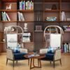 teak-wood-frame-distress-finish-suede-upholstery-blue-and-beige-background