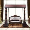 teak wood jhula hut shaped top brass chain shaded melamine polish jacquart fabric bolsters with tassels