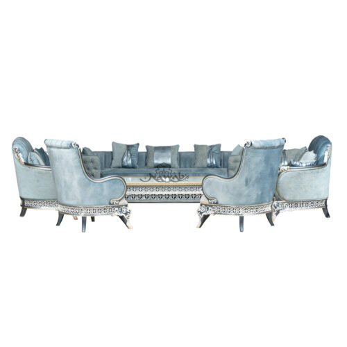 Teak wood hand carved sofa blue white pearl polish with golden lining high-end suede upholstery table blue onyx top